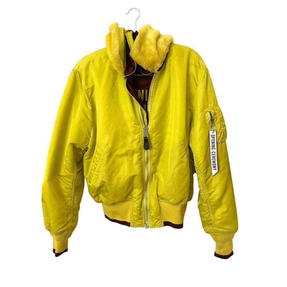 OPENING CEREMONY Reversible Bomber Jacket Faux Fur Collar Neon‎ Yellow Medium